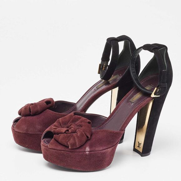 Louis Vuitton Burgundy/Black Suede Flower Peep Toe Platform Ankle Strap Sandals - Picture 2 of 4
